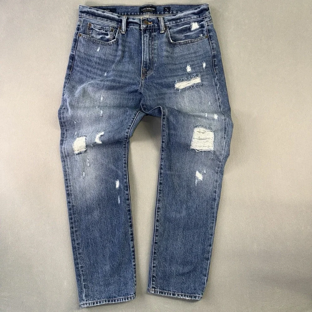 Men's Lucky Brand 121 Slim Straight Stretch Distressed Jeans Blue Size 36x32